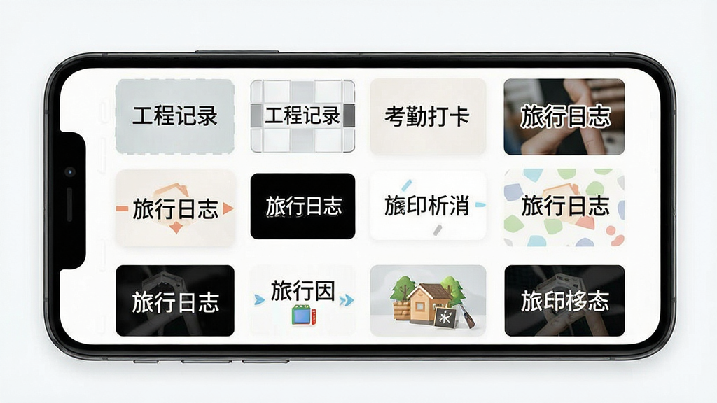 时印水印相机水印模板选择界面,画面中央是手机屏幕,屏幕内展示多个不同风格的水印模板缩略图,包括工程记录、考勤打卡、旅行日志等,布局为网格排列,风格为清新简约的UI展示图,细节包括模板上的文字清晰可辨、图标精致,画质高清,干净,无多余元素