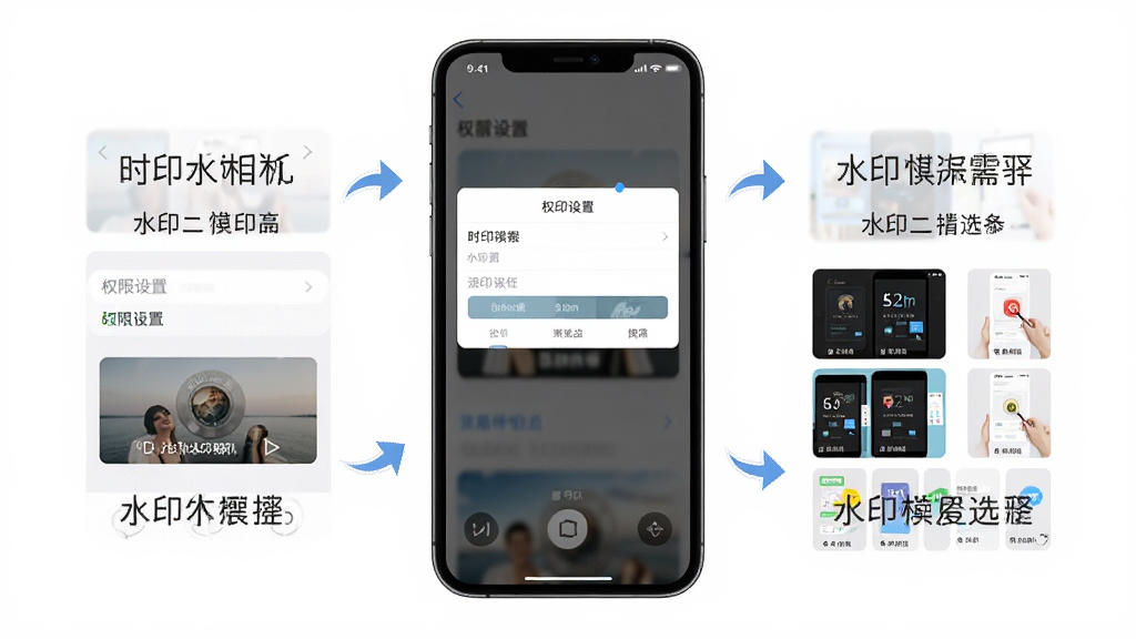 时印水印相机新手操作指引图,画面中央是手机屏幕,屏幕内显示权限设置界面和水印模板选择步骤,布局为分步图解形式,风格为简洁教程示意图,细节包括箭头指示、文字标注清晰,画质高清,干净,无多余元素