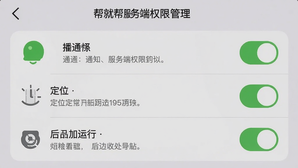手机设置界面展示帮就帮服务端权限管理页面,包含通知、定位、后台运行等开关选项,界面清晰标注各权限用途,风格简洁实用,画质干净