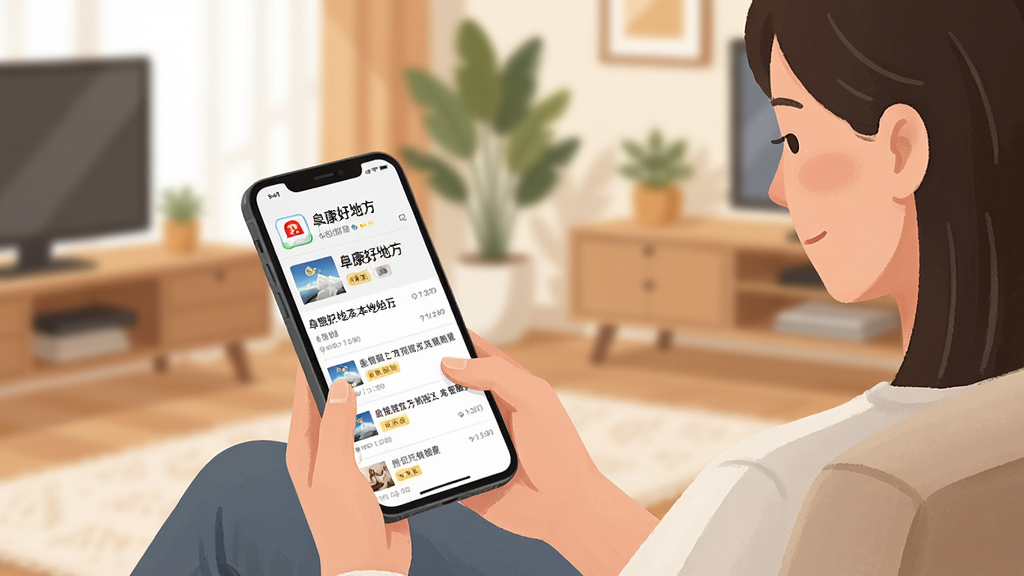 一位市民在客厅沙发上阅读手机,手机屏幕显示“阜康好地方”本地新闻列表,背景为温馨家居环境,布局采用三分法构图,风格为现代简约插画,细节包含新闻标题、时间戳、分类标签,画质清晰,干净,无多余元素