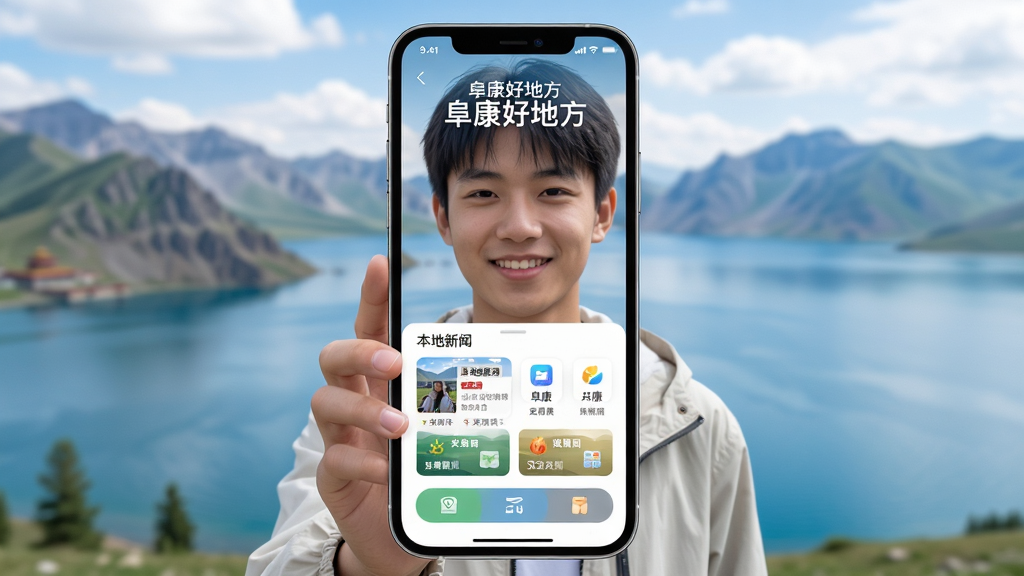 手机屏幕中央显示“阜康好地方”应用界面,背景是阜康市标志性天山天池风光,主体为一位年轻人手持手机微笑查看,布局采用中心对称构图,排版简洁现代,风格为写实生活化,细节包含应用图标、本地新闻卡片、服务入口按钮,画质高清,干净,无多余元素