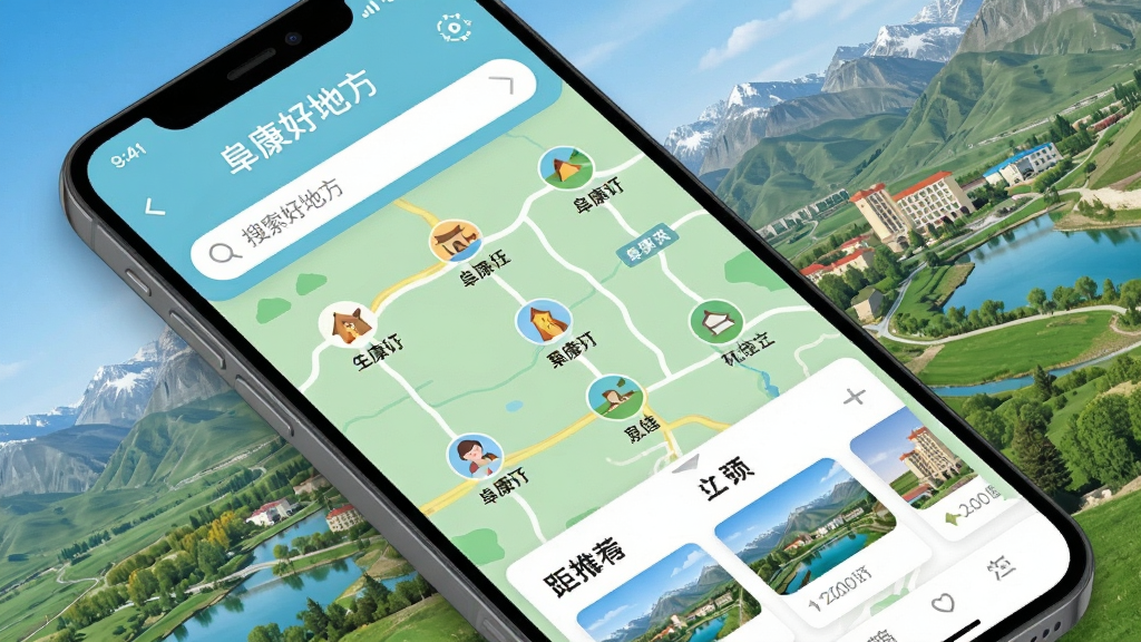 手机屏幕展示“阜康好地方”周边游玩地图界面,地图上标注多个景点图标,背景为阜康市周边自然风光,布局采用斜角构图,风格为清新扁平化,细节包含搜索框、推荐卡片、距离标识,画质高清,干净,无多余元素