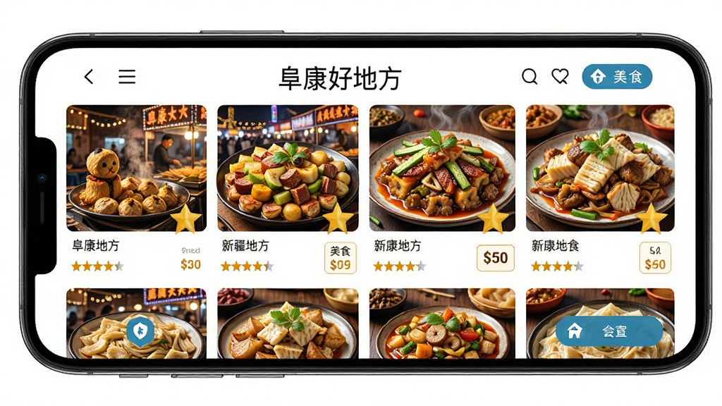 手机屏幕呈现“阜康好地方”美食推荐页面,展示多种新疆特色美食图片,背景为热闹的夜市摊位,布局采用网格排列,风格为诱人美食摄影风,细节包含评分星级、价格标签、导航按钮,画质高清,干净,无多余元素