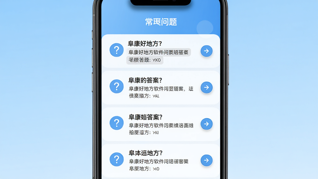 阜康好地方软件问答界面示意图,手机屏幕展示常见问题列表,背景为浅蓝色渐变,布局为纵向列表,风格为扁平化信息图,细节包含问号图标、答案摘要、展开按钮,画质清晰,干净,无多余元素