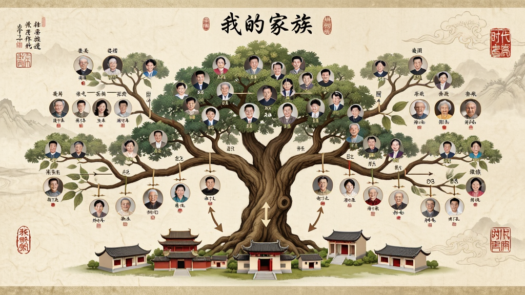 横向展开的“我的家族”族谱长卷,画面中央一棵枝繁叶茂的大树,树枝上挂满家族成员小头像,树下摆放产业建筑模型,背景为淡雅米色宣纸质感,布局采用左右对称树状结构,风格为国风工笔插画,细节包括辈分标注、传承箭头、时代印章,画质高清,干净,无多余元素