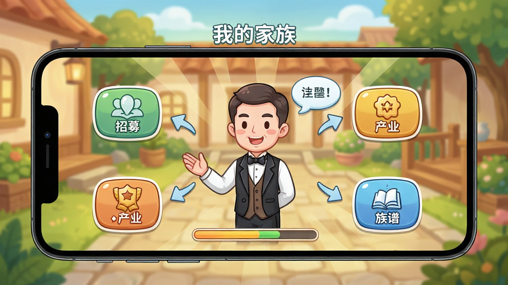 手机屏幕显示“我的家族”新手引导界面,画面中央一位管家角色正在讲解操作,四周分布招募、产业、族谱三个功能按钮,背景为温馨庭院场景,布局采用中心放射式排版,风格为清新卡通插画,细节包括提示气泡、箭头指引、进度条,画质清晰,干净,无多余元素