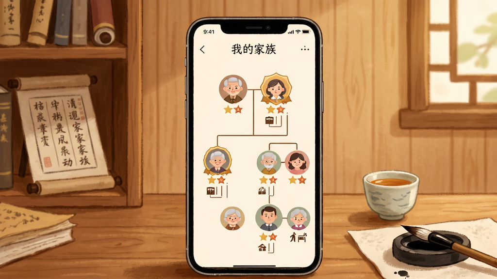画面中央一部竖屏手机,屏幕显示“我的家族”家族树状图谱,节点上分布不同年龄段家族成员头像,背景是温暖的木质书房,左侧书架摆放族谱卷轴,右侧桌面放着茶杯与笔墨,整体布局居中对称,排版干净整齐,风格为温馨手绘插画,细节包括成员连线、等级徽章、产业图标,画质高清,干净,无多余元素
