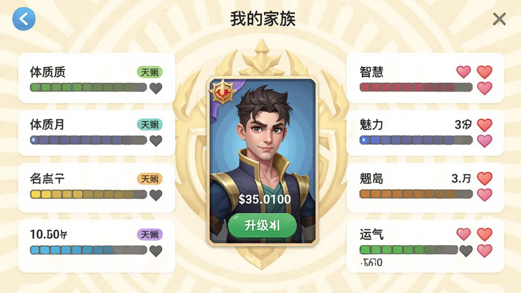 竖版手机界面展示“我的家族”成员培养面板,画面中央一位角色卡牌,四周环绕体质、智慧、魅力、运气四项属性数值条,背景为浅金色家族徽章纹样,布局采用卡片式排版,风格为扁平化UI设计,细节包含升级按钮、天赋标签、好感度爱心,画质清晰,干净,无多余元素