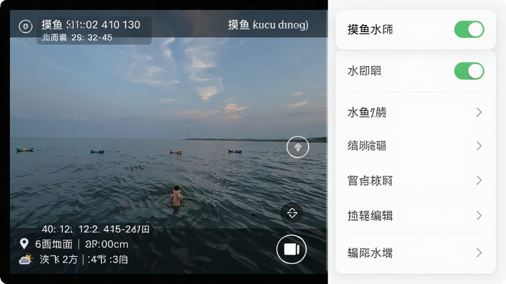 一张展示摸鱼水印相机水印编辑界面的图片,画面左侧是拍摄完成的照片,照片上叠加了时间、地点、天气等水印信息,画面右侧是水印开关和编辑选项列表,界面采用卡片式设计,风格清爽,细节清晰,画质干净,无多余元素