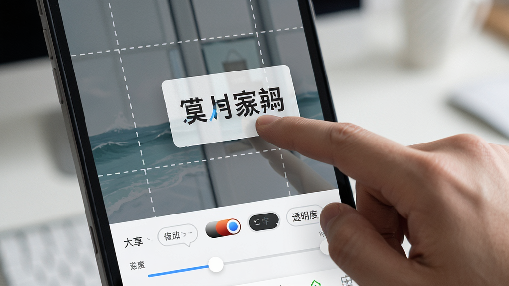 一张展示摸鱼水印相机自定义水印编辑界面的图片,画面中用户正在用手指拖动水印文字块调整位置,屏幕上有虚线辅助对齐,下方有字体、颜色、透明度调节滑块,界面直观易用,风格现代,细节丰富,画质高清,无多余元素