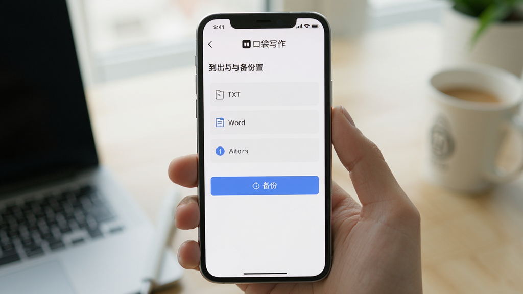 手机屏幕显示口袋写作的导出与备份设置页面,界面上有TXT和Word等格式选项,以及备份到本地的按钮,整体布局简洁,风格清爽,画质清晰