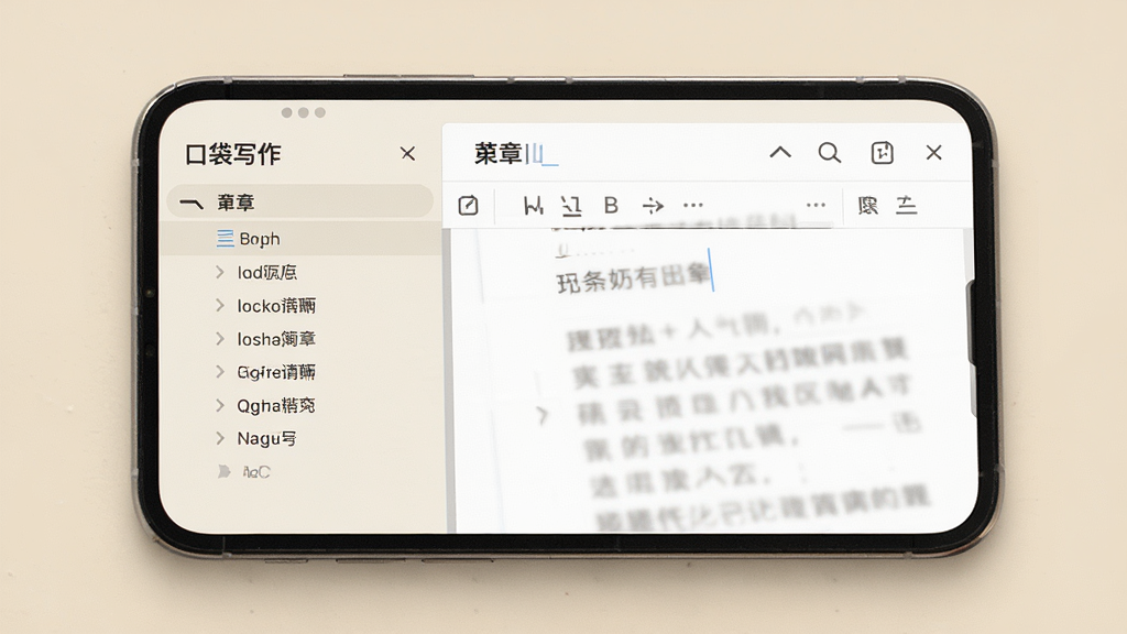 一张展示手机屏幕中打开口袋写作应用主界面的图片,画面中央是整洁的写作编辑页面,左侧显示章节目录,右侧为文字输入区,背景为浅米色,整体风格清新简约,排版干净整齐,画质清晰,无多余装饰元素
