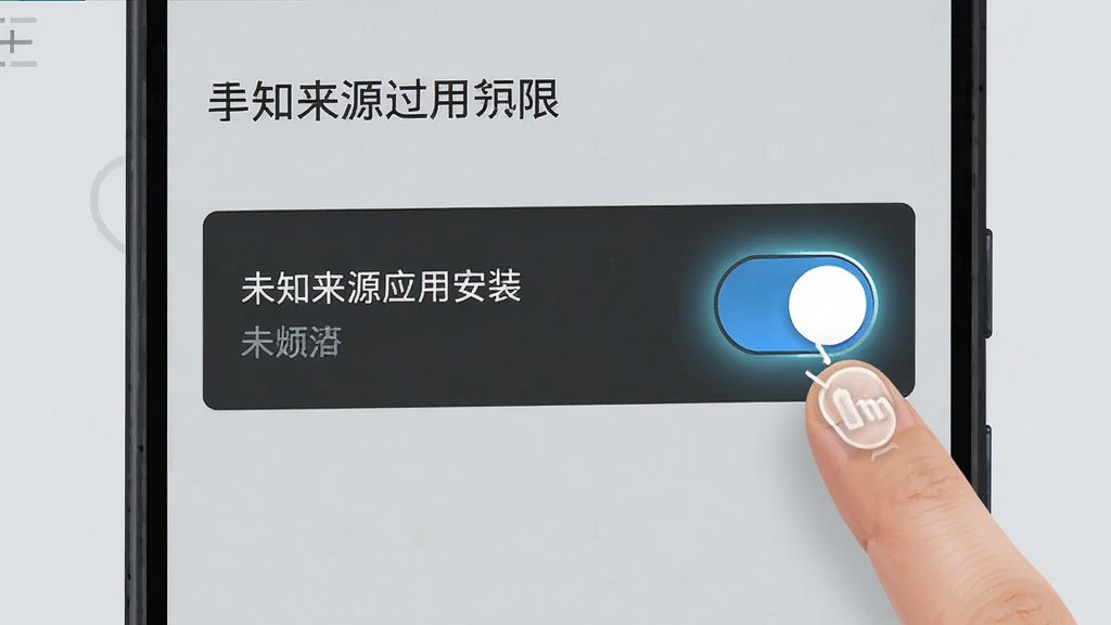一张手机安全设置界面的示意图,画面展示安卓手机的“未知来源应用安装”权限开关页面,旁边有手指点击操作的动画示意,背景为浅灰色,布局简洁明了,风格科技感,细节上开关按钮有高亮光效,画质清晰,干净,无多余元素