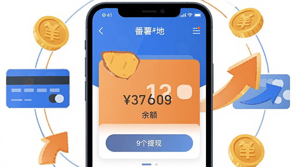 一张手机支付与钱包概念的插画,画面中央是“番薯地”APP的钱包页面截图风格展示,显示余额数字和提现按钮,周围环绕着金币、银行卡、箭头等图标,布局采用上下结构,风格商务简约,细节上色彩以橙色和蓝色为主,画质高清,干净,无多余元素