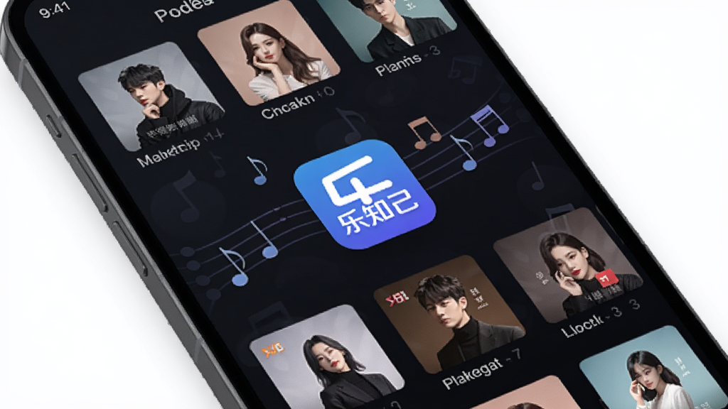 手机屏幕特写,显示乐知己APP的曲库列表界面,歌曲封面排列整齐,背景为深色音乐主题,有音符元素点缀,画面中央突出