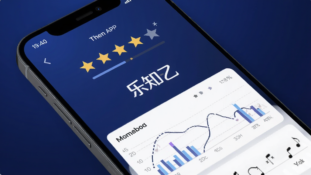 手机屏幕显示乐知己APP的演奏评分界面,有星级评分和详细数据图表,背景为深蓝色渐变,界面设计简洁现代,画面中央有