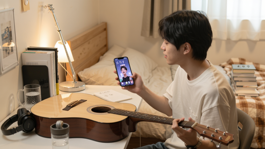 一位年轻人坐在书桌前,面前放着一把无弦吉他,手中拿着手机正在使用乐知己APP练习弹唱,桌上有耳机和水杯,背景是温馨的卧室环境,画面风格生活化,光线柔和,画质清晰干净,无多余元素