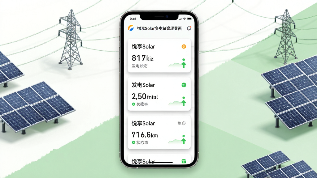 主体为悦享Solar多电站管理界面,手机屏幕显示多个电站卡片式列表,每个卡片包含电站名称、发电功率和状态图标,布局为手机居中展示,背景为白色与浅绿色拼接,周围环绕着太阳能板阵列和电网塔元素,排版整齐有序,风格为清新商务风,细节上卡片有阴影效果、数据文字清晰,画质高清,干净无多余元素。