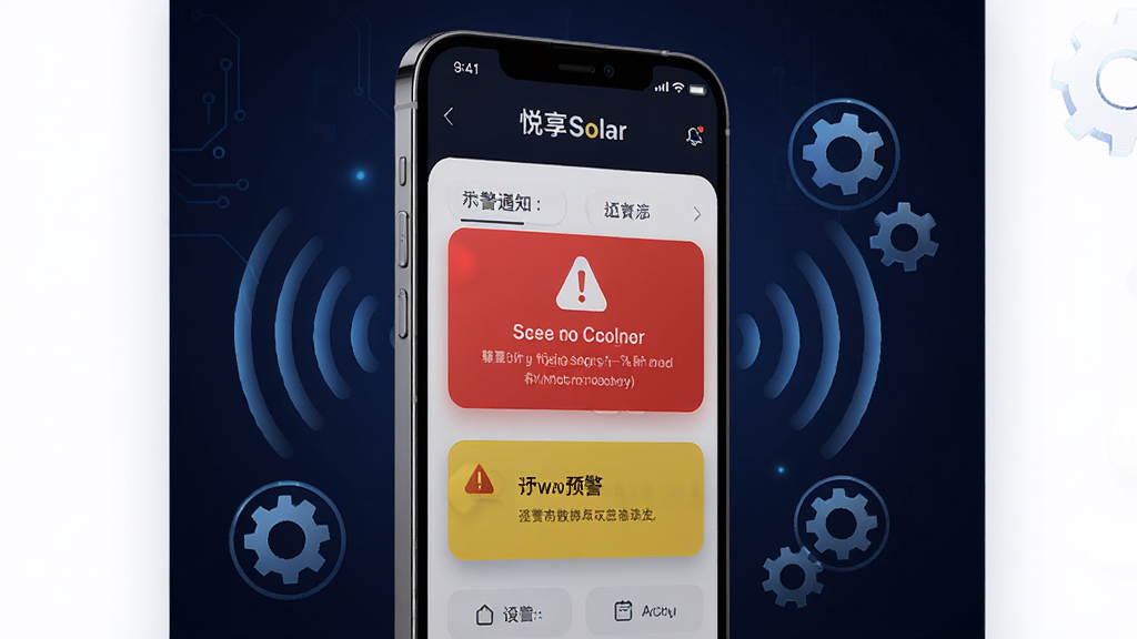 主体为悦享Solar应用中的告警通知界面,手机屏幕显示红色告警弹窗和黄色预警提示,布局为手机侧立展示,背景为深色科技感渐变,周围环绕着信号波纹和齿轮图标元素,排版突出告警信息层级,风格为现代UI设计风,细节上告警图标醒目、文字清晰可读,画质高清,干净无多余元素。