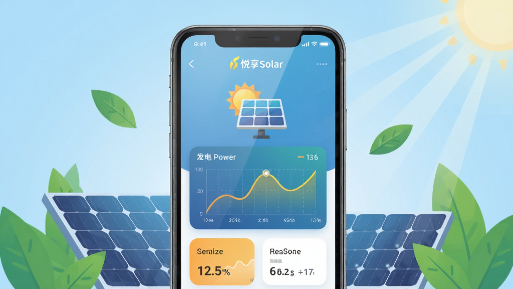 主体为一部智能手机,屏幕上显示着悦享Solar应用的主界面,界面中包含太阳能板图标、发电功率曲线图和数据卡片,布局为手机居中放置,背景为浅蓝色渐变,周围环绕着太阳能板、绿色树叶和阳光光束等清洁能源元素,排版简洁现代,风格为扁平化科技风,细节上手机屏幕有轻微反光效果,数据图表色彩鲜明,画质高清,干净无多余元素。