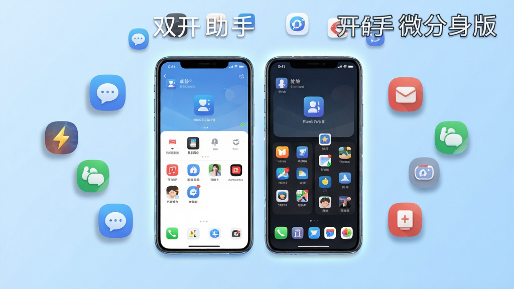 画面中央展示一部智能手机,屏幕内同时呈现两个并排的社交应用界面,界面元素清晰可辨,手机周围环绕着悬浮的圆形应用图标,背景为浅蓝色渐变,整体布局采用居中对称构图,风格为现代科技感扁平插画,细节包括手机边缘的微光效果和图标上的细微阴影,画质高清,干净整洁,无多余元素,画面中带有“双开助手微分身版”文字标识