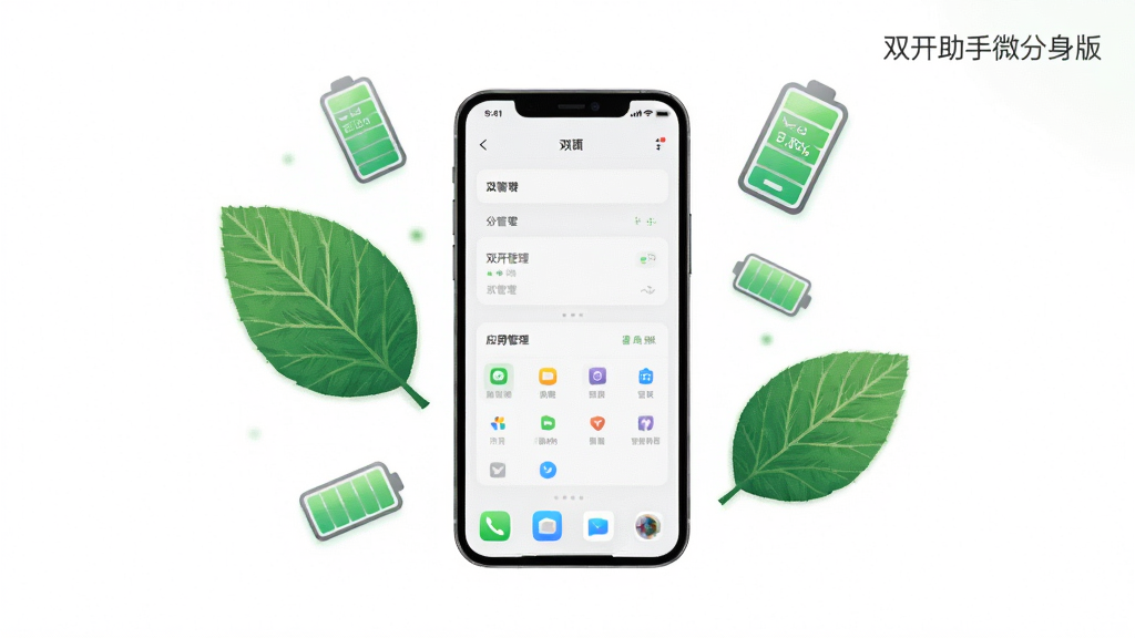 画面中央展示一部手机,手机屏幕显示简洁清爽的应用管理界面,界面周围漂浮着绿色的树叶和电池图标,背景为纯白色,布局采用居中构图,风格为极简清新插画,细节包括树叶的脉络纹理和电池图标的电量显示,画质高清,干净整洁,无多余元素,画面中带有“双开助手微分身版”文字