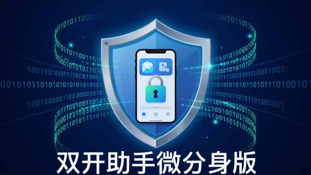 画面主体为一个发光的盾牌图标,盾牌内部展示着手机应用界面和锁形图案,盾牌周围环绕着数据加密的二进制代码流,背景为深蓝色渐变,布局采用中心放射状构图,风格为科技安全主题的扁平插画,细节包括盾牌表面的金属质感和代码流的荧光效果,画质高清,干净无多余元素,画面中带有“双开助手微分身版”文字