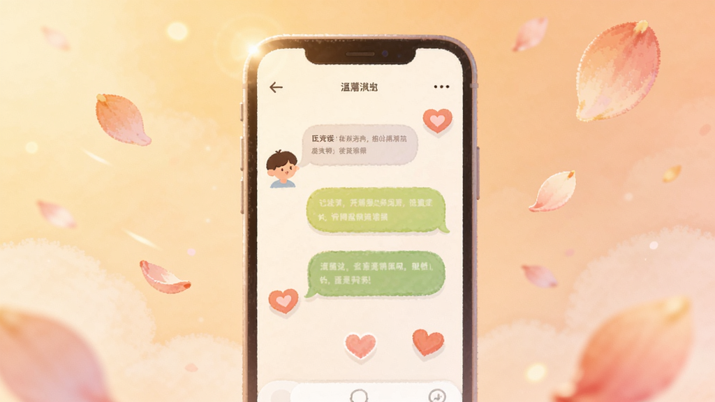 主体是一个柔和的手机屏幕展示界面 布局为中央放置手机 屏幕内显示温馨的聊天对话框和柔和的心形图标 排版简洁 风格为治愈系插画风 细节包括暖色调渐变背景 飘落的花瓣 柔光效果 画质高清 干净 无多余元素
