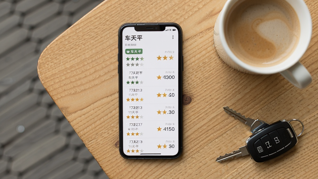 手机屏幕显示“车天平”的历史报告列表,列表中包含多条日期和评分记录,手机平放在桌面上,旁边有一杯咖啡和车钥匙,布局为俯视静物构图,风格为生活化简约风,细节包括屏幕上的日期标签、评分星级、桌面木纹,画质清晰,干净,无多余元素