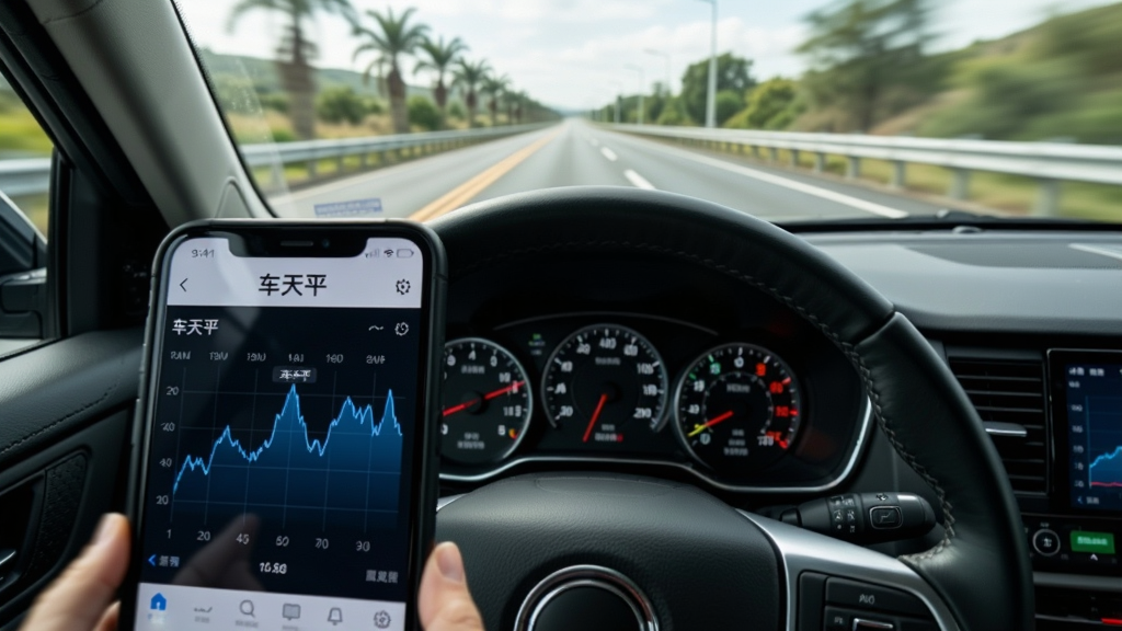 汽车行驶在公路上,车内手机屏幕显示“车天平”的数据记录曲线图,画面采用第一人称驾驶视角,布局为前景手机、中景方向盘、远景道路,风格为动感写实风,细节包括速度表反光、曲线波动、窗外风景虚化,画质清晰,干净,无多余元素