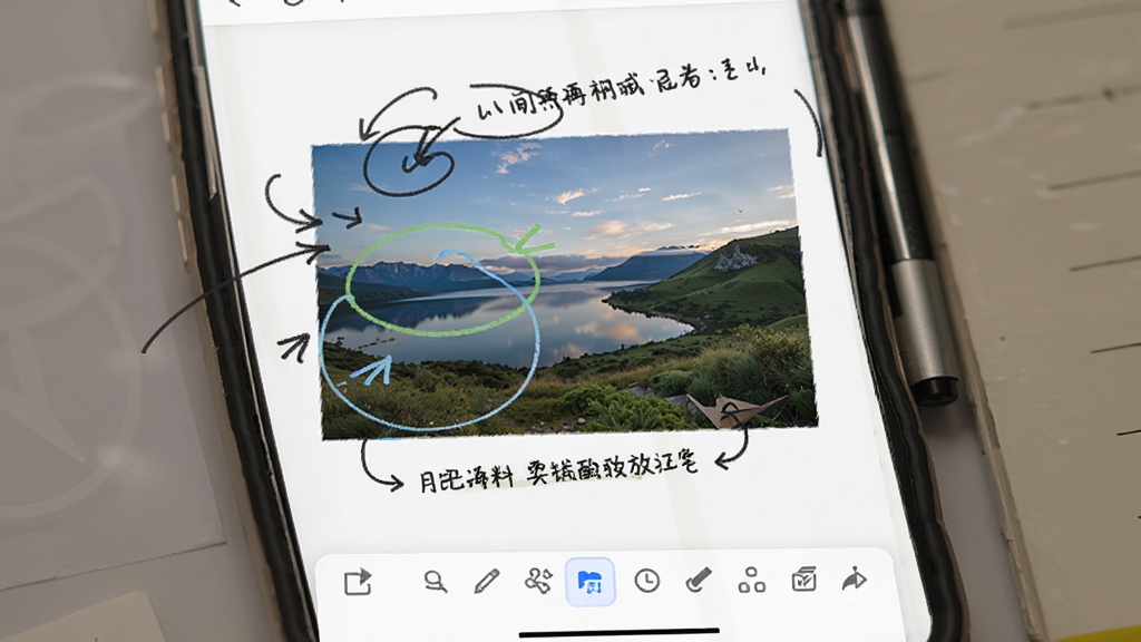 白板软件导入图片标注功能示意图,画面展示一部手机屏幕,屏幕中白板应用打开了一张风景照片,照片上有手写标注的圆圈和箭头以及文字注释,底部工具栏可见,风格生活化,画质清晰,无多余元素