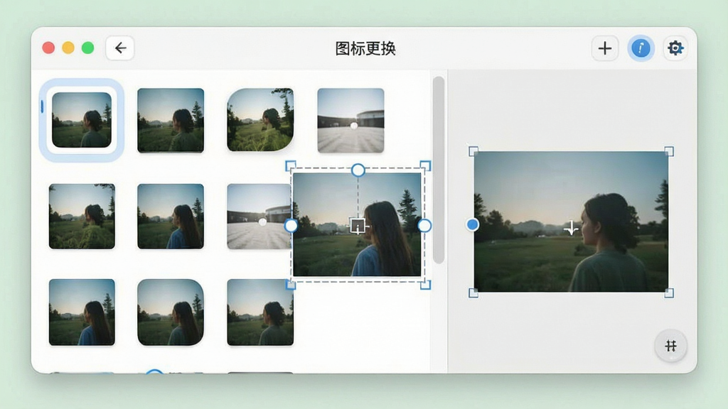 一张展示“图标更换”软件操作界面的图片,画面中用户正在从相册选择图片并调整圆角角度,界面显示裁剪框与预览效果,布局直观,风格现代,细节清晰,画质干净,无多余元素