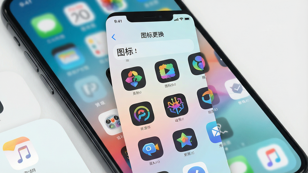 一张展示智能手机桌面的图片,画面中央是“图标更换”软件的界面,界面中显示多个不同风格的图标排列整齐,背景为浅色渐变,风格简洁现代,细节清晰,画质干净,无多余元素