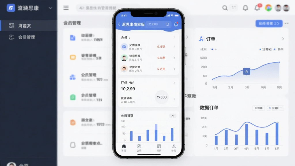 主体为一部智能手机屏幕展示源思康商家版应用的管理后台界面,布局为竖版手机正视图居中放置,排版简洁明了,风格为现代科技商务风,细节包含会员列表、订单卡片、数据图表等元素,画质清晰干净无多余元素