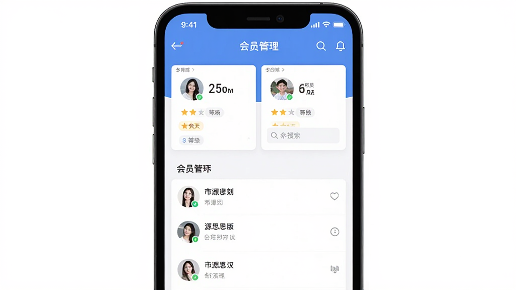 主体为源思康商家版应用界面在手机屏幕上展示会员管理页面,布局为手机正面特写居中,排版为上下结构顶部为数据看板下方为会员列表,风格为清爽扁平化设计,细节包含头像卡片、等级标签、搜索框等元素,画质干净无多余元素