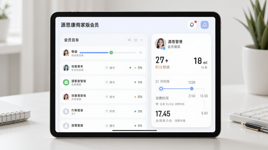 主体为源思康商家版会员管理功能界面在平板设备上展示,布局为横版平板居中放置,排版左侧为会员列表右侧为会员详情卡片,风格为柔和圆角现代风,细节包含等级进度条、积分数字、消费时间线等元素,画质清晰干净无多余元素