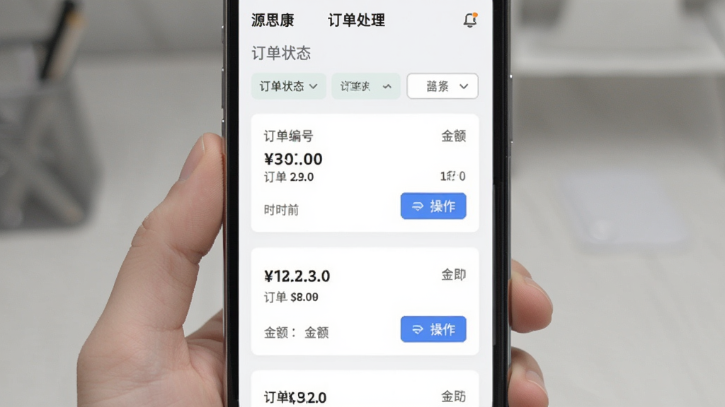 主体为源思康商家版订单处理界面在手机屏幕上展示,布局为手机竖屏居中,排版顶部为订单状态筛选标签下方为订单卡片列表,风格为简约商务浅色系,细节包含订单编号、金额、时间、操作按钮等元素,画质干净无多余元素