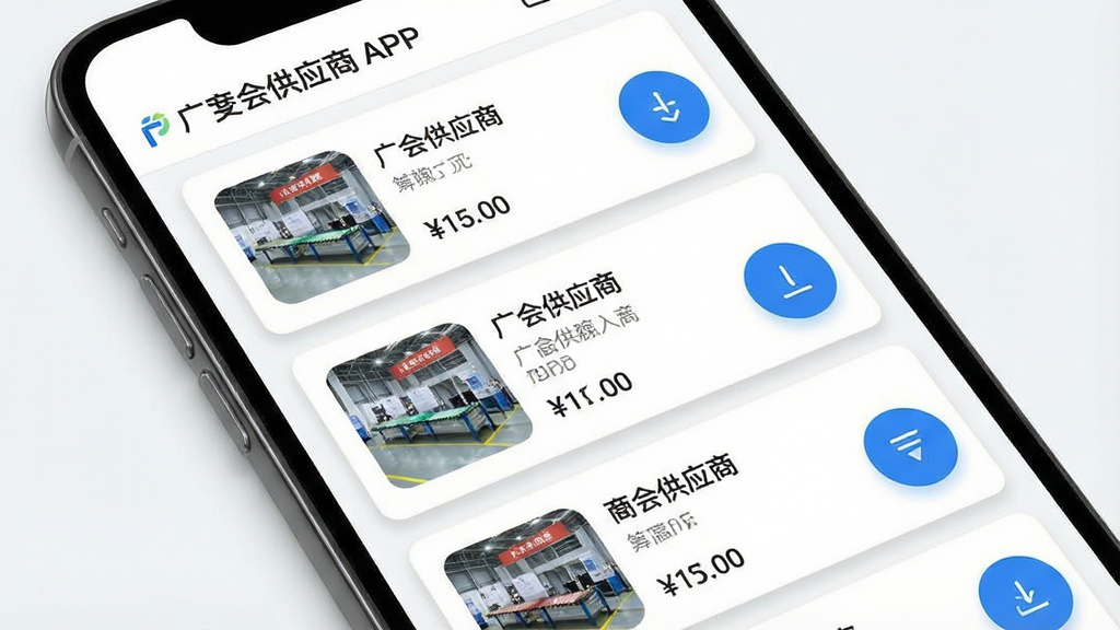 一张展示广交会供应商APP产品管理功能的界面图,画面为手机屏幕特写,屏幕中显示产品列表页面,包含多个产品卡片,每个卡片有产品图片、名称和价格,顶部有“广交会供应商”APP名称标识,页面右侧有上传按钮,布局为纵向列表排版,风格现代简洁,细节上卡片有轻微阴影、按钮为蓝色圆形,画质高清,干净无多余元素