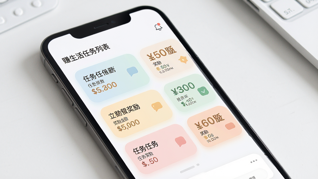 赚生活任务列表界面,画面展示手机屏幕上的任务卡片排列,每张卡片标注任务名称和奖励金额,界面色彩柔和,布局清晰,风格现代简约,画质干净高清,无多余装饰元素
