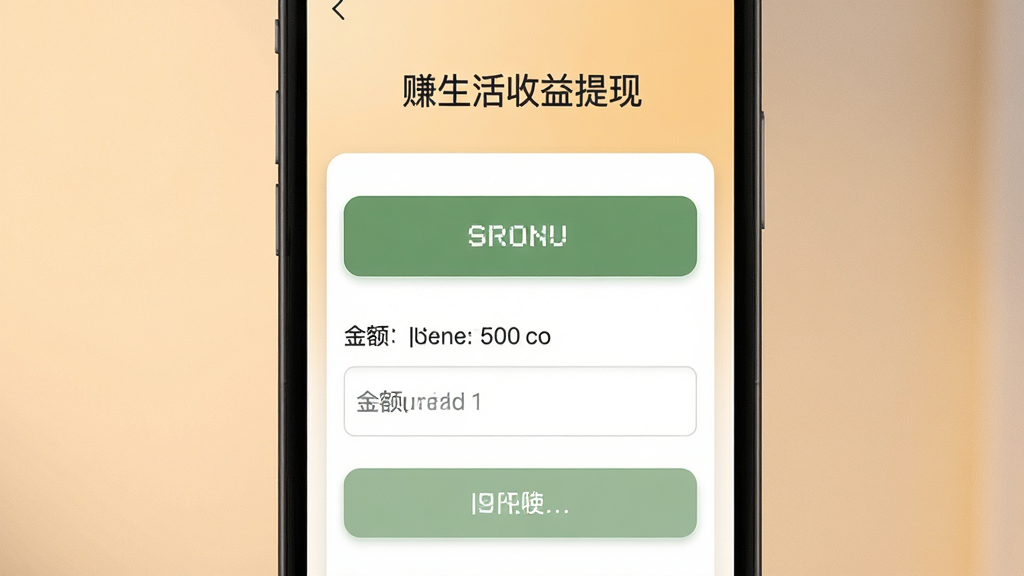 赚生活收益提现界面,手机屏幕显示提现按钮和金额输入框,背景为柔和暖色调,风格简洁实用,画质高清干净,无多余元素