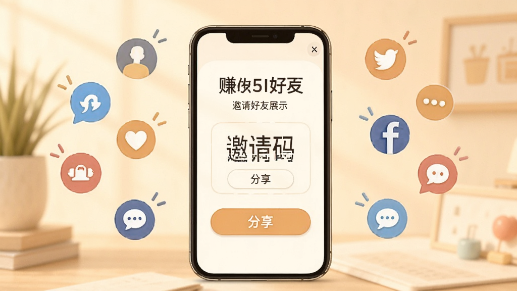 赚生活邀请好友页面展示,画面中手机屏幕显示邀请码和分享按钮,周围环绕社交图标,整体色调温暖,风格友好亲切,画质清晰干净,布局简洁明了