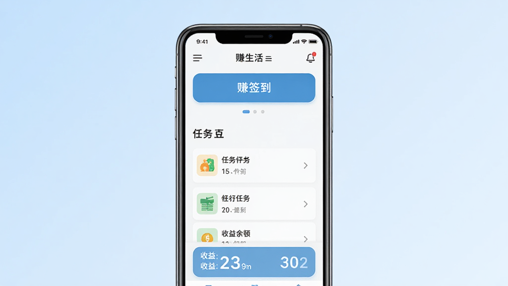 赚生活手机应用主界面展示,画面中央放置一部智能手机,屏幕上显示赚生活应用首页,包含签到按钮、任务列表和收益余额数字,背景为淡蓝色渐变,整体风格清新简洁,画面干净无多余元素,高清画质,扁平化设计风格,文字清晰可辨