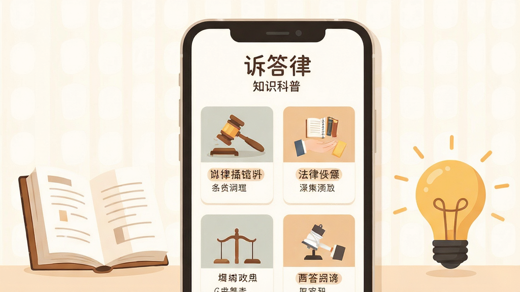 画面展示“诉答律”知识科普页面,手机屏幕中呈现图文并茂的法律常识卡片,旁边有书籍和灯泡元素,背景为暖白色,风格为温馨扁平化插画,细节清晰,画质干净,无多余元素