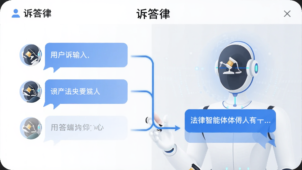 画面主体为“诉答律”智能问答界面,左侧是用户输入气泡,右侧是法律智能体回复气泡,中间有连接线表示交互过程,背景为白色与浅灰色搭配,风格为简洁科技感插画,细节清晰,画质干净,无多余元素