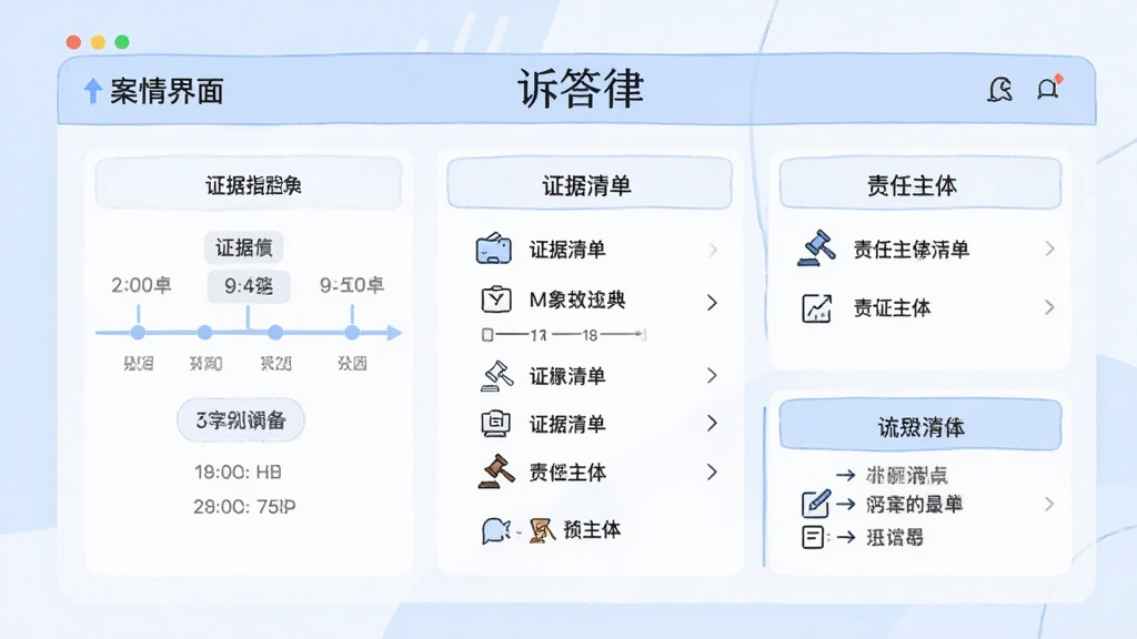 画面中央为“诉答律”案情梳理界面,展示时间轴、证据清单、责任主体等模块,界面布局规整,背景为浅蓝与白色,风格为商务简约插画,细节清晰,画质干净,无多余元素