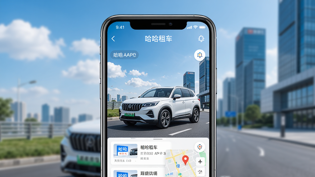 һ��չʾ���⳵APP��������ֻ�����ͼ������������һ����ɫSUV����ͣ�ڳ��е�·�ԣ�������������ƺ��ִ������н������ֻ���Ļ������ʾ�⳵�б��͵�ͼ��λ�������������������ʸ��壬�ɾ��޶���Ԫ��
