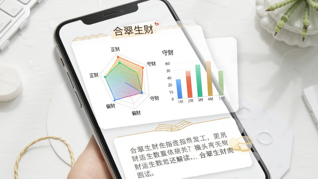 合翠生财财运指数页面展示,手机屏幕内显示彩色雷达图与柱状图,图表标注正财、偏财、守财等维度,下方配有文字解读区域,背景为白色卡片式布局,搭配浅金色装饰线条,风格简约清新,画质干净清晰,文字包含