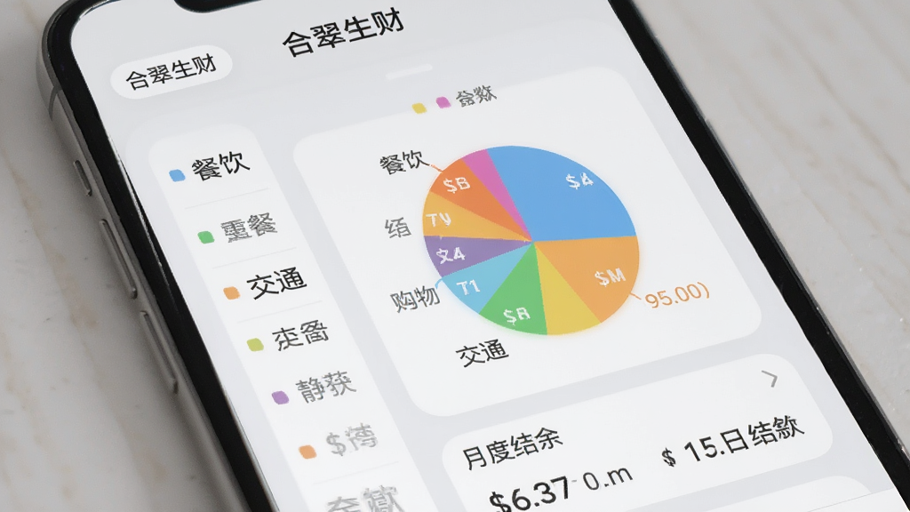 合翠生财收支记录界面,手机屏幕显示记账列表与饼状图,饼图展示餐饮、交通、购物等分类占比,下方有月度结余数据,界面采用浅灰色背景与圆角卡片设计,风格柔和清爽,画质清晰,文字标注