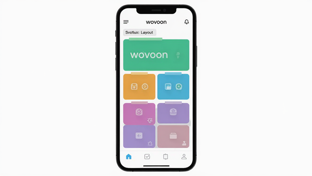 ����ΪwovoonӦ�ý��沼��ʾ��ͼ������Ϊ�ֻ���Ļ��չʾ���ܷ������Ű�Ϊ���½ṹ�������������ײ������������Ϊ��ƽ��ǳɫϵ��ϸ��Ϊ�����д���wovoon���֡���������ɫ�����֣�����Ϊ����ɾ��޶���Ԫ��
