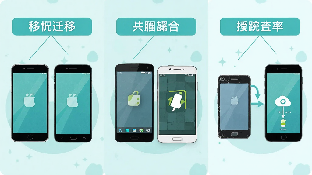 һ����Ϣͼ���Ĳ廭���������������еĳ���չʾ�ֻ�Ǩ�ƣ���ೡ����������ͬƷ�Ƶ��ֻ����ţ��м䳡����������ͬƷ�Ƶİ�׿�ֻ����Ҳೡ����һ�����ֻ������ֻ��������ݣ�ÿ�������Ϸ��������ֱ�ǩ����������ɫ��Ϊ���µ�����ɫ����������죬�������������ֹ���